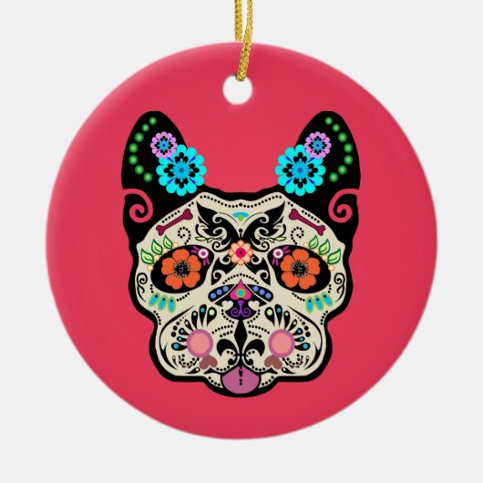 Suikerschedel Frenchie - Roze Keramisch Ornament (Voorkant)