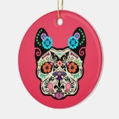 Suikerschedel Frenchie - Roze Keramisch Ornament (Links)