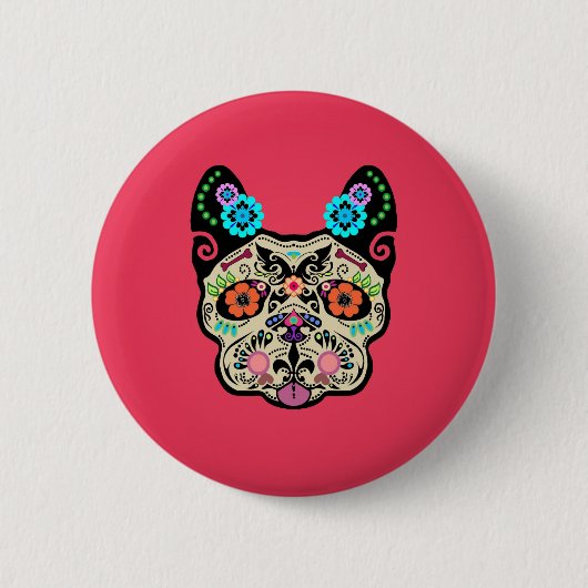 Suikerschedel Frenchie - Roze Ronde Button 5,7 Cm (Voorkant)