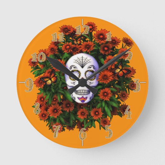 Suikerschedel Marigold Day of the Dead Numbered Ronde Klok (Voorkant)