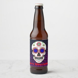 Suikerschedel met blauwe ogen en groene strook bier etiket