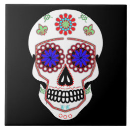 Suikerschedel met blauwe ogen en groene strook tegeltje