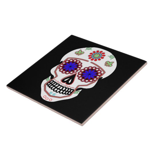 Suikerschedel met blauwe ogen en groene strook tegeltje (Zijkant)