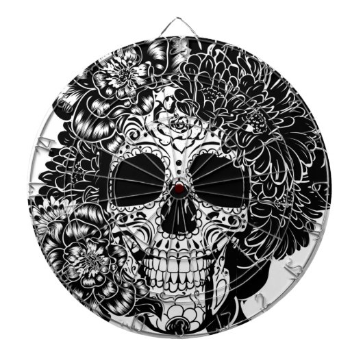 Suikerschedel met bloemen in zwart-wit dartbord (Voorkant)