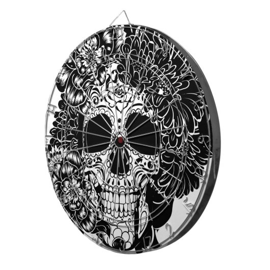 Suikerschedel met bloemen in zwart-wit dartbord (Voorkant Rechts)