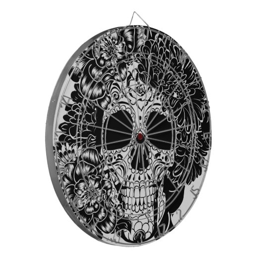 Suikerschedel met bloemen in zwart-wit dartbord (Voorkant Links)