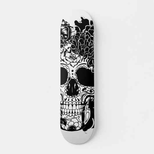 Suikerschedel met bloemen in zwart-wit persoonlijk skateboard (Voorkant)