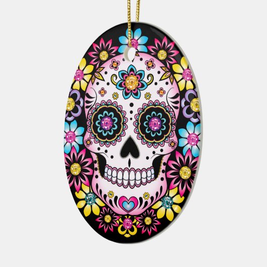 Suikerschedel met kleurrijke bloemen keramisch ornament (Links)