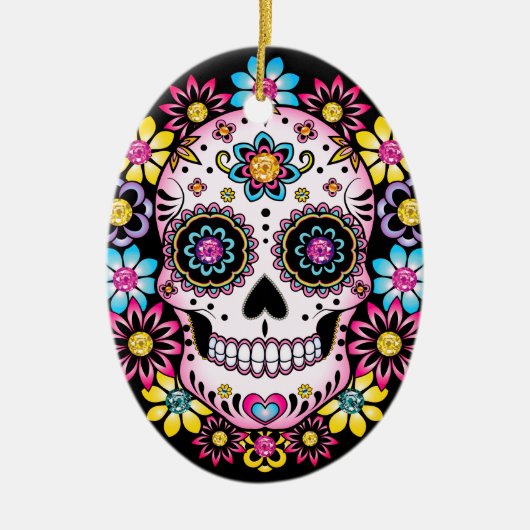 Suikerschedel met kleurrijke bloemen keramisch ornament (Voorkant)