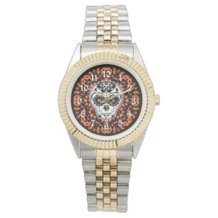 Suikerschedel met oranje accenten horloge