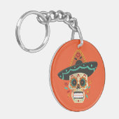 Suikerschedel met Pet Dia de Muertos | Button Sleu Sleutelhanger (Voorkant Links)