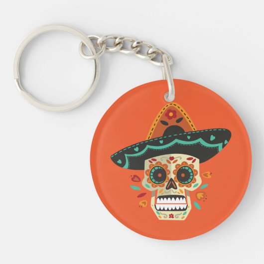Suikerschedel met Pet Dia de Muertos | Button Sleu Sleutelhanger (Voorkant)
