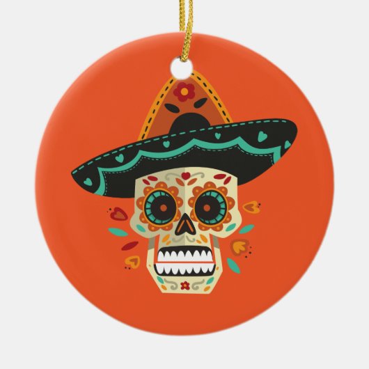 Suikerschedel met Pet Dia de Muertos | Versiering Keramisch Ornament (Voorkant)