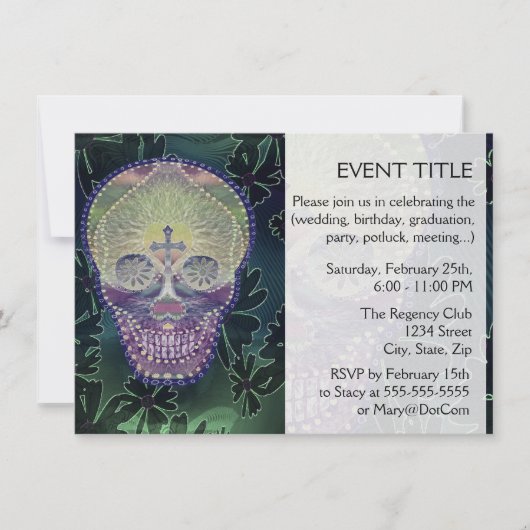 Suikerschedel met regenboogkleuren, harten kaart (Voorkant)