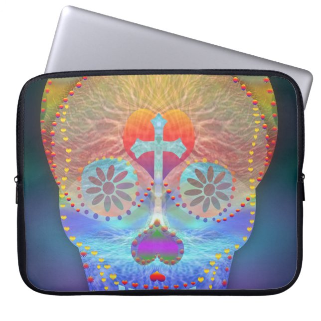 Suikerschedel met regenboogkleurige achtergrond laptop sleeve (Voorkant)