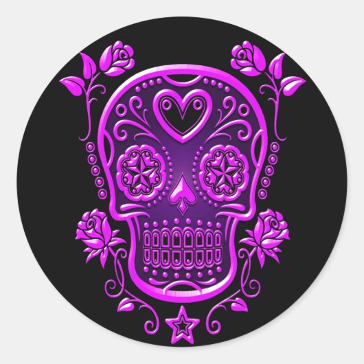 Suikerschedel met Rozen, paars Ronde Sticker (Voorkant)