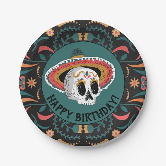 Suikerschedel met Sombrero Birthday Papieren Bordje (Voorkant)