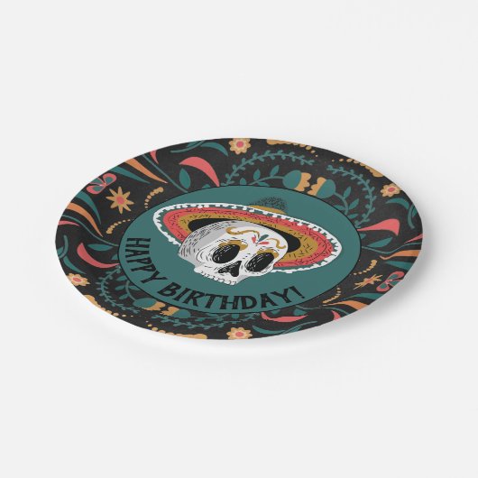 Suikerschedel met Sombrero Birthday Papieren Bordje (Gekanteld)