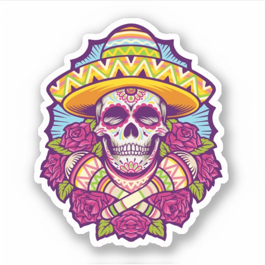 Suikerschedel met Sombrero | Dia De Los Muertos Sticker (Voorkant)