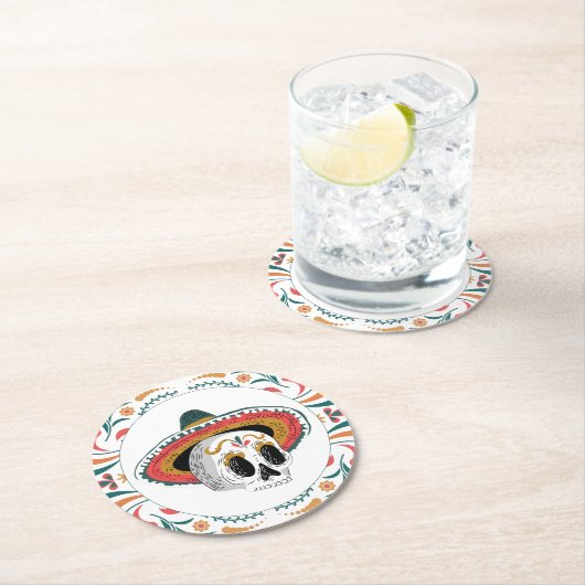 Suikerschedel met Sombrero Ronde Kartonnen Onderzetter (Insitu)