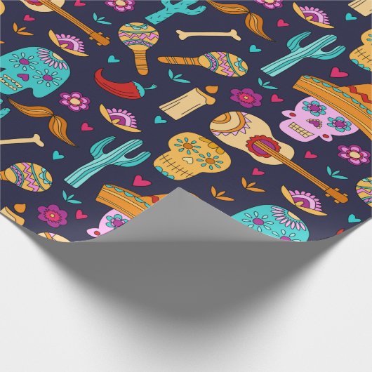 Suikerschedel op donkerblauw papier voor verpakkin (Hoek)