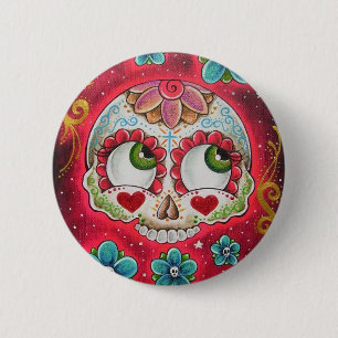 Suikerschedel rood ronde button 5,7 cm