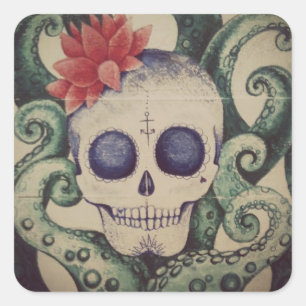  suikerschedel zee tattoo stijl kunst vierkante sticker