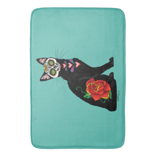 Suikerschedel, zwarte kat badmat (Voorkant Verticaal)