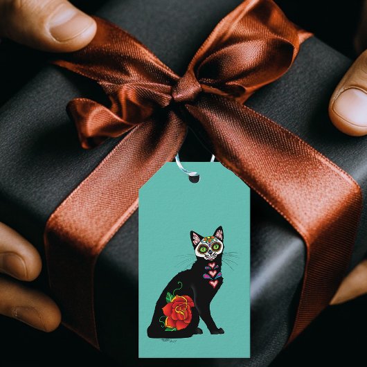 Suikerschedel, zwarte kat cadeaulabel