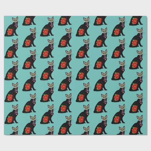 Suikerschedel, zwarte kat cadeaupapier (Vlak)