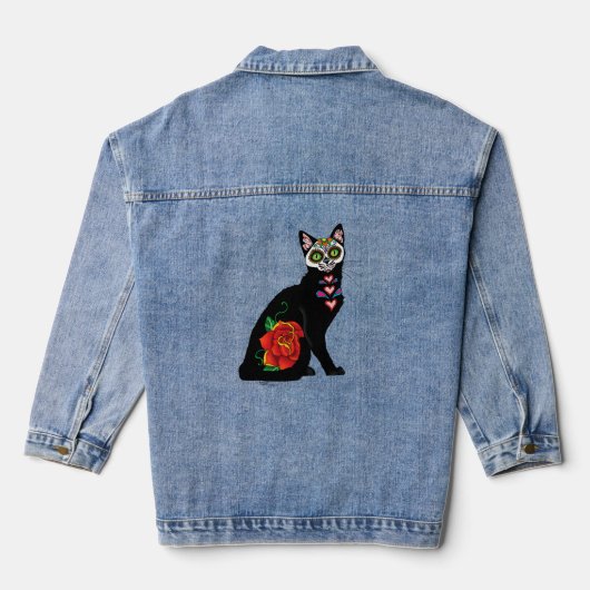 Suikerschedel, zwarte kat denim jacket (Achterkant)