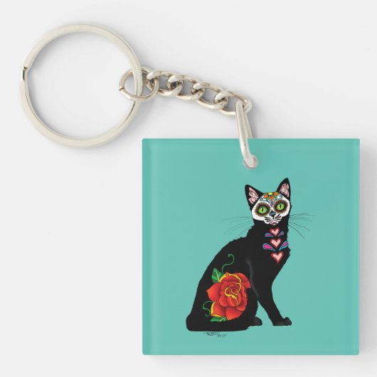 Suikerschedel, zwarte kat sleutelhanger (Voorkant)