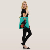 Suikerschedel, zwarte kat tote bag (Op model)