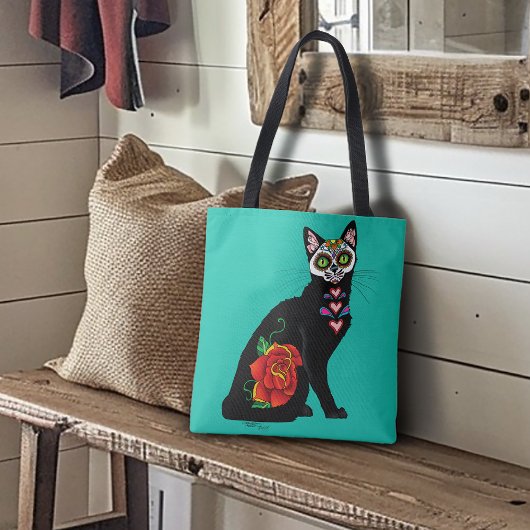 Suikerschedel, zwarte kat tote bag