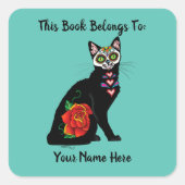 Suikerschedel, zwarte kat vierkante sticker (Voorkant)