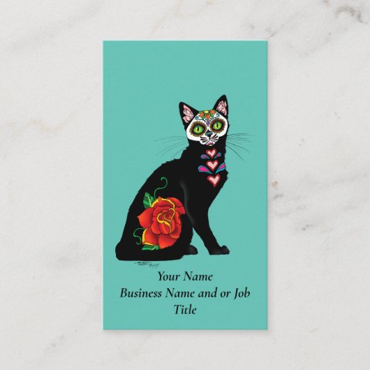 Suikerschedel, zwarte kat visitekaartje (Voorkant)
