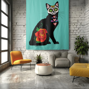 Suikerschedel, zwarte kat wandkleed