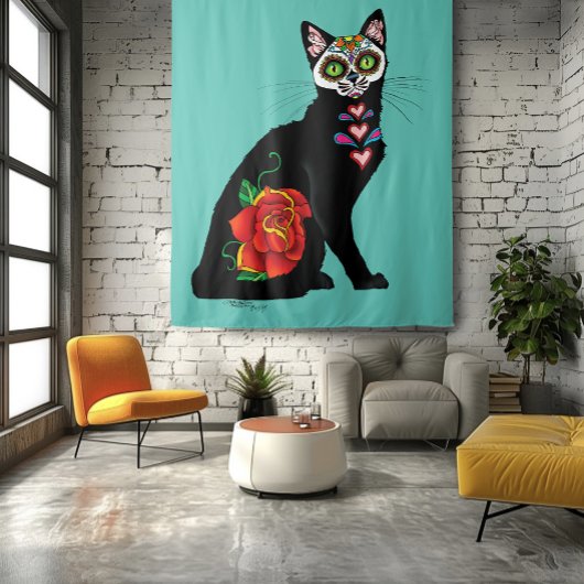 Suikerschedel, zwarte kat wandkleed