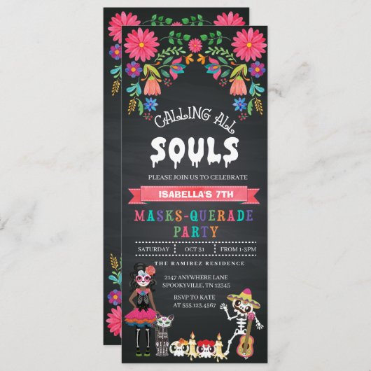 Suikerschedeldag van de dode Masquerade party Kaart (Voorkant / Achterkant)