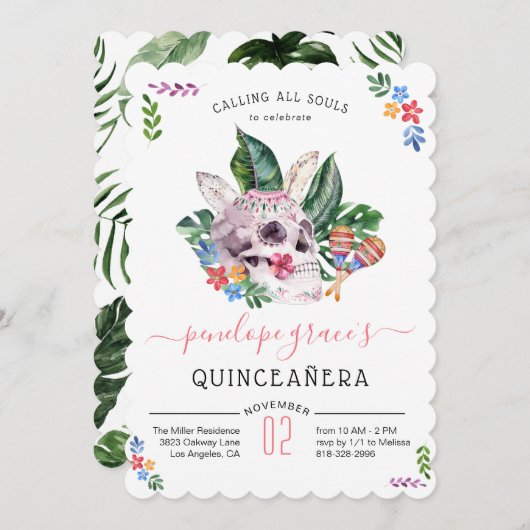 Suikerschedeldag van de dode Quinceañera Kaart (Voorkant / Achterkant)