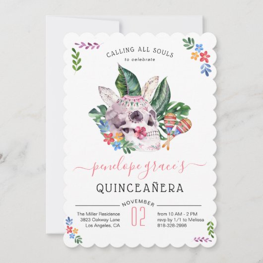 Suikerschedeldag van de dode Quinceañera Kaart (Voorkant)