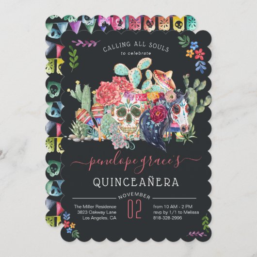 Suikerschedeldag van de uitnodiging van de dode Qu (Voorkant / Achterkant)