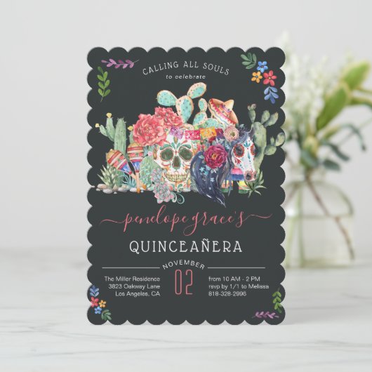 Suikerschedeldag van de uitnodiging van de dode Qu (Staand voorkant)