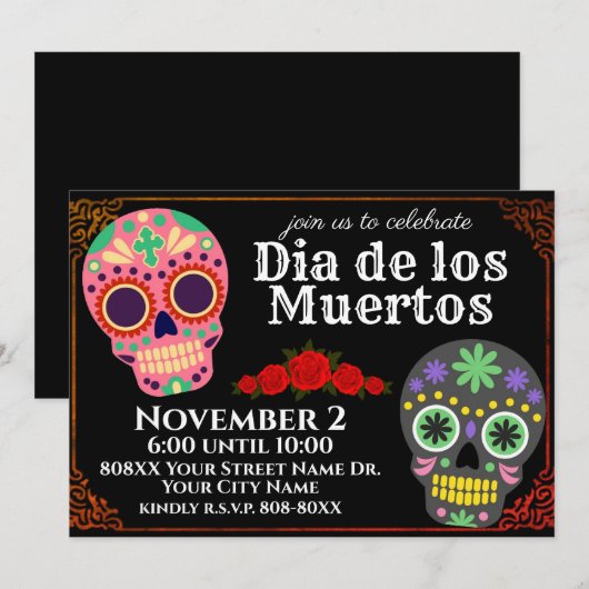 Suikerschedels op zwarte dag van de dode partij kaart (Voorkant / Achterkant)