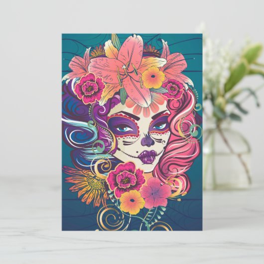 Suikerschedelvrouw in bloemkroon bedankkaart (Staand voorkant)