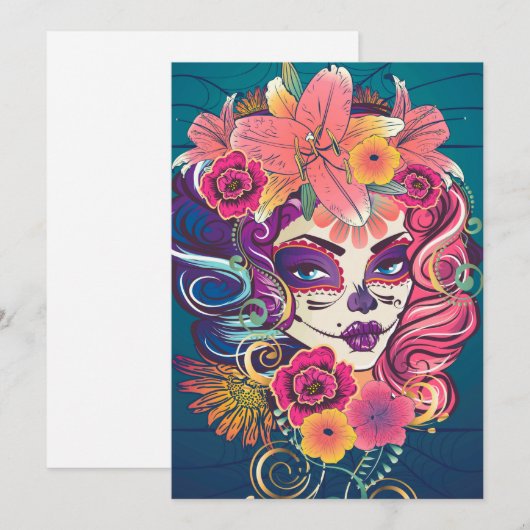 Suikerschedelvrouw in bloemkroon bedankkaart (Voorkant / Achterkant)