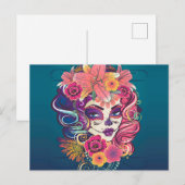 Suikerschedelvrouw in bloemkroon briefkaart (Voorkant / Achterkant)
