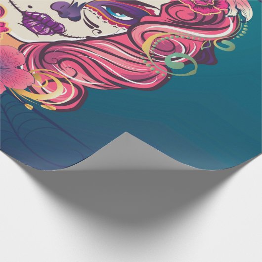 Suikerschedelvrouw in bloemkroon cadeaupapier (Hoek)