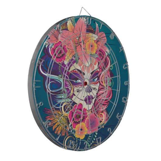Suikerschedelvrouw in bloemkroon dartbord (Voorkant Links)