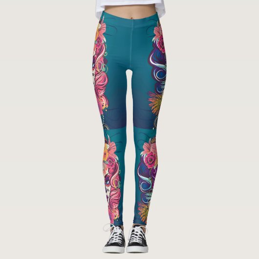 Suikerschedelvrouw in bloemkroon leggings (Voorkant)